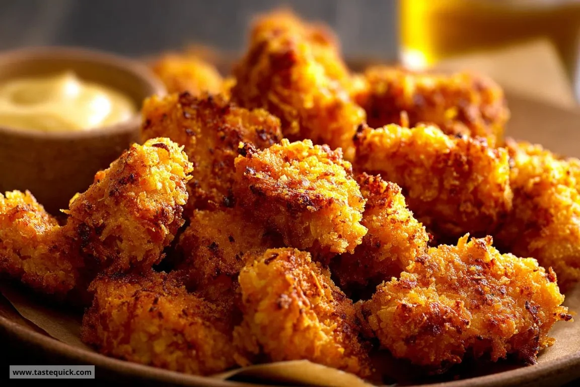 Air-fryer sweet potato-crusted chicken nuggets on a plate.
