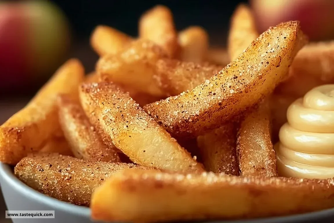 Plate of crispy apple fries served with a dipping sauce.