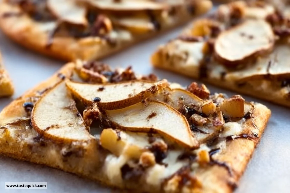 Balsamic pear pizza topped with cheese and drizzled with balsamic glaze