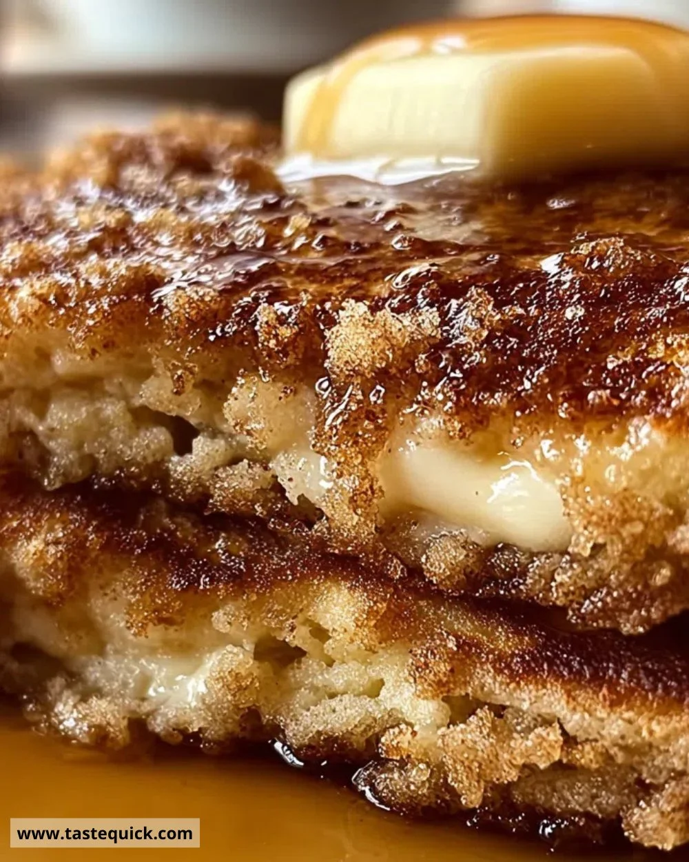 Fluffy Brown Sugar & Cinnamon Streusel Pancakes topped with a crunchy topping