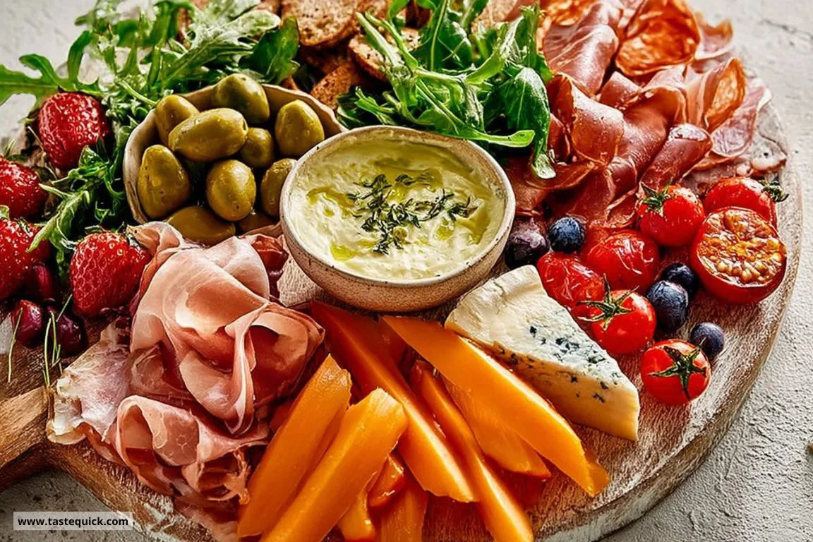 A beautifully arranged charcuterie board featuring meats, cheeses, and fruits.