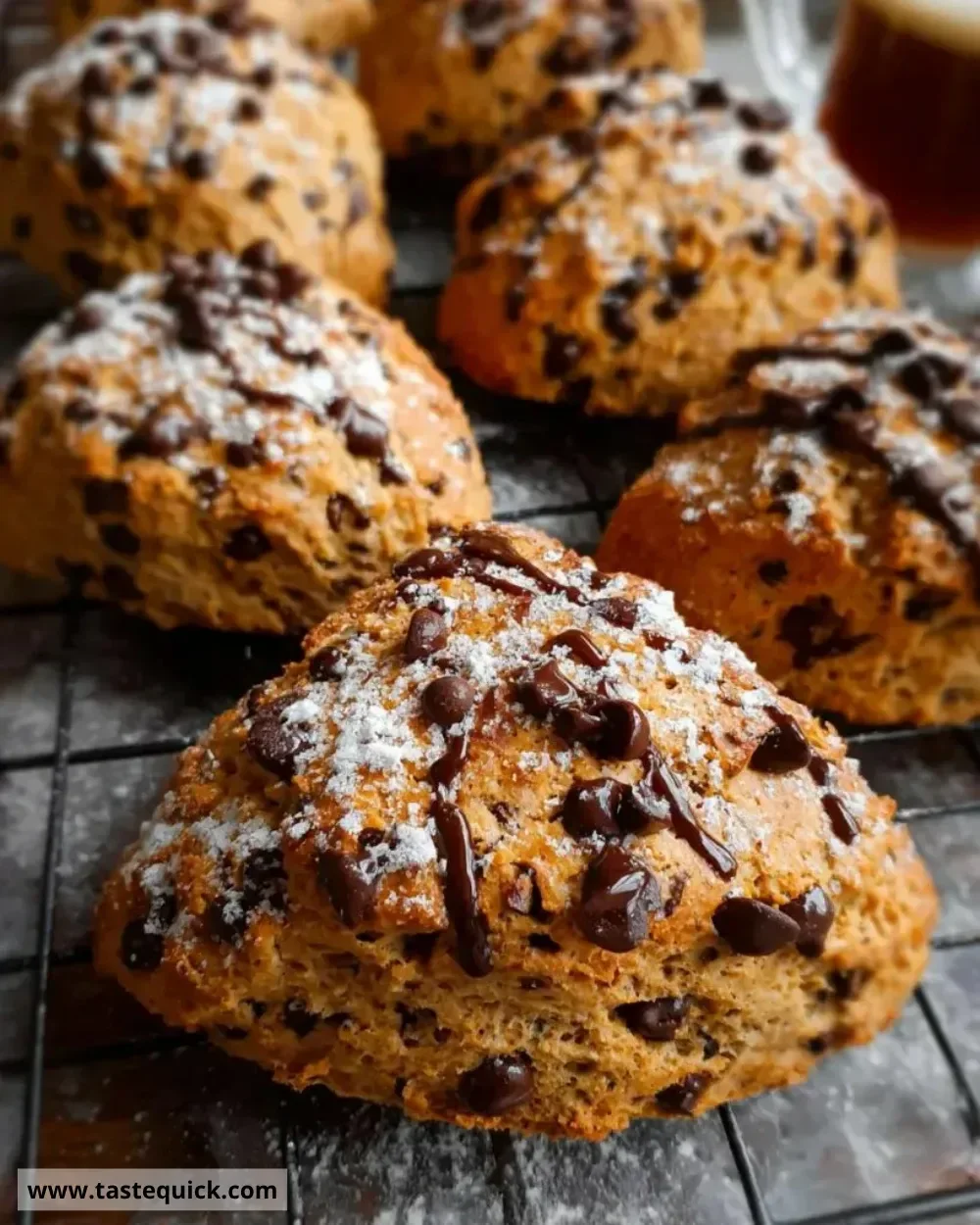 Chocolate chip coffee scones served on a plate with a cup of coffee