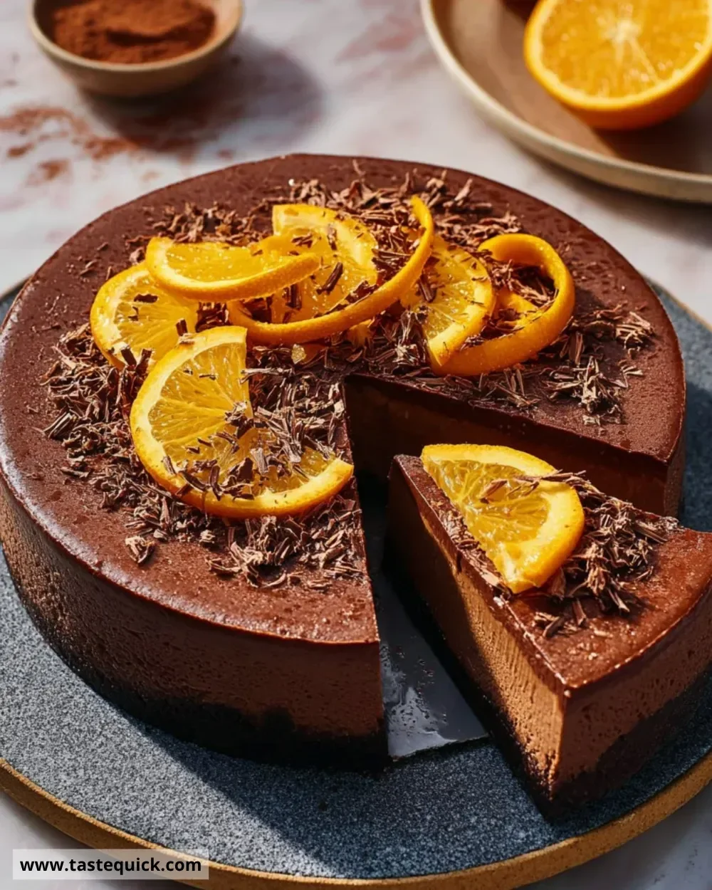 Chocolate Orange Baked Cheesecake with a rich and creamy texture, garnished with orange slices.