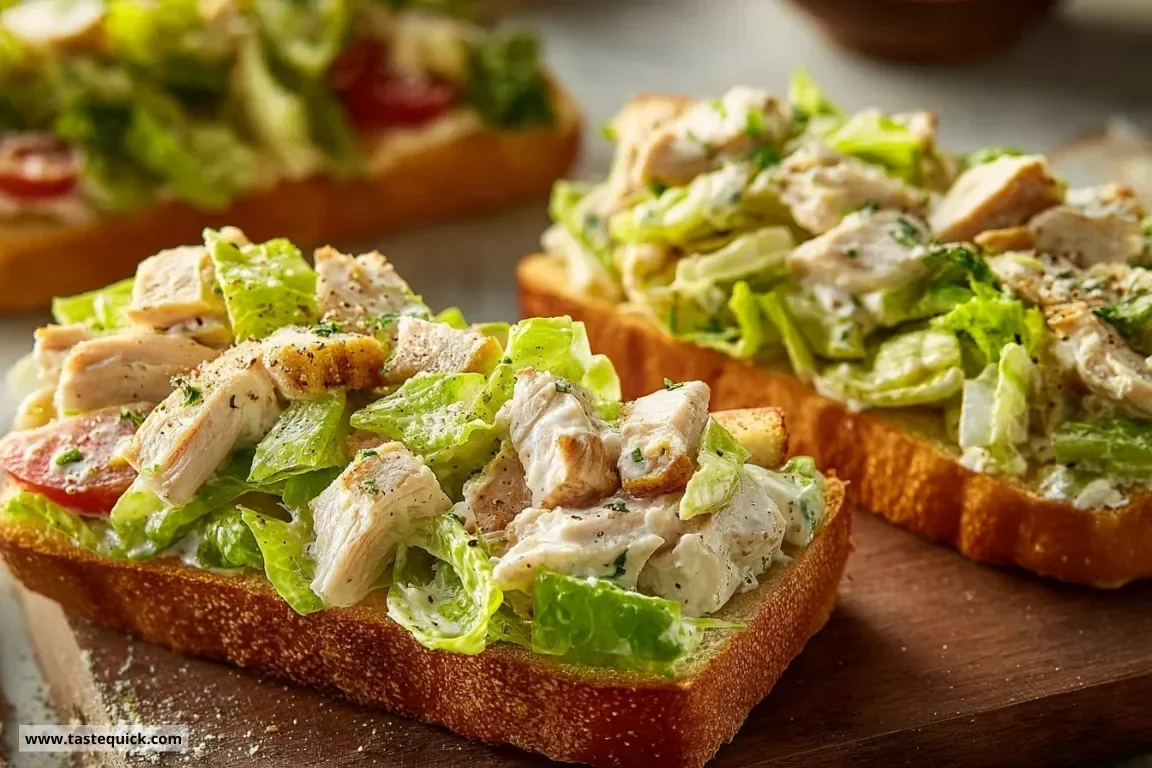 Chopped Chicken Caesar Salad Sandwiches with fresh greens and dressing