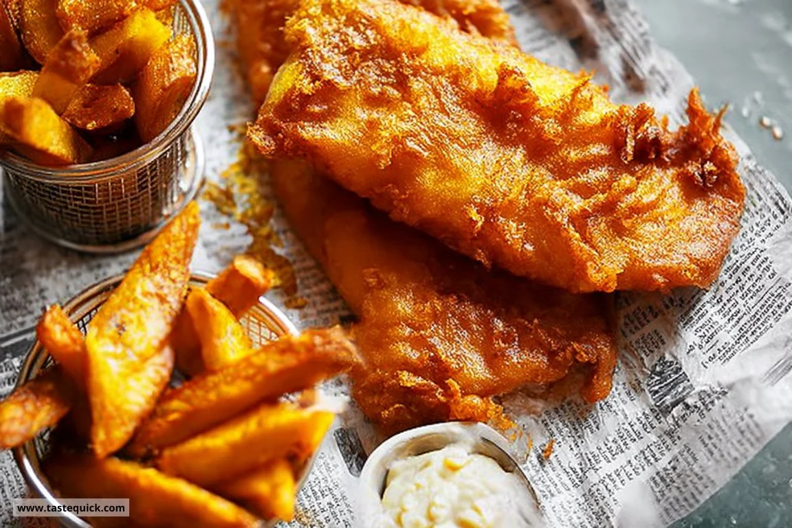 Delicious classic fish and chips served with tartar sauce and lemon wedges