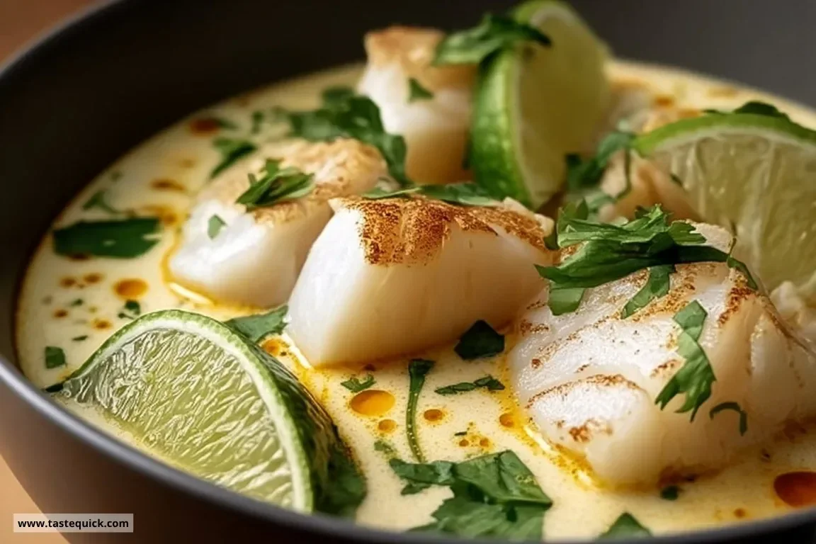 A bowl of coconut lime fish soup garnished with fresh herbs and lime slices