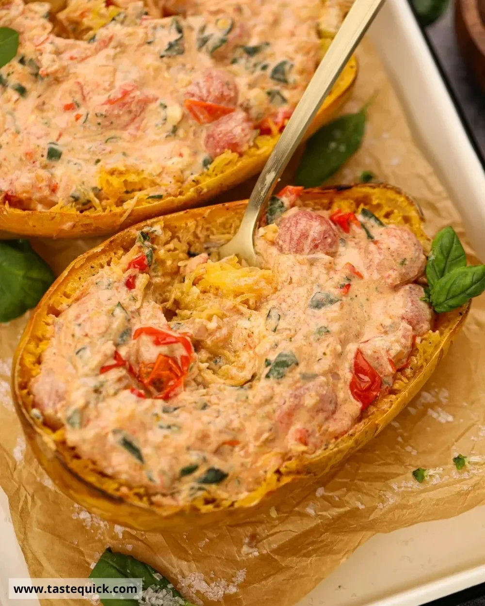 Creamy tomato spaghetti squash dish garnished and served.