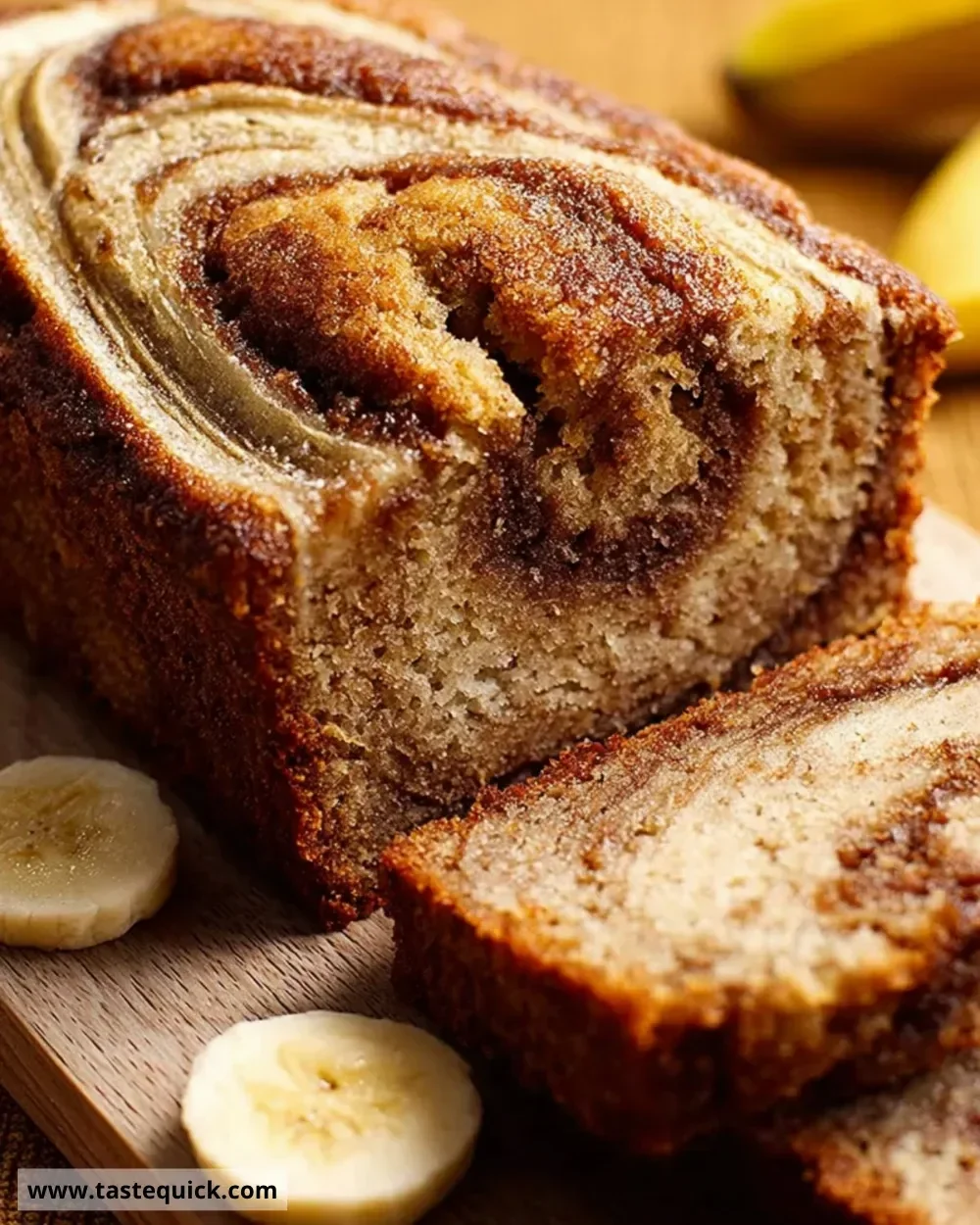 Flourless cinnamon swirl banana bread freshly baked and sliced on a wooden board.