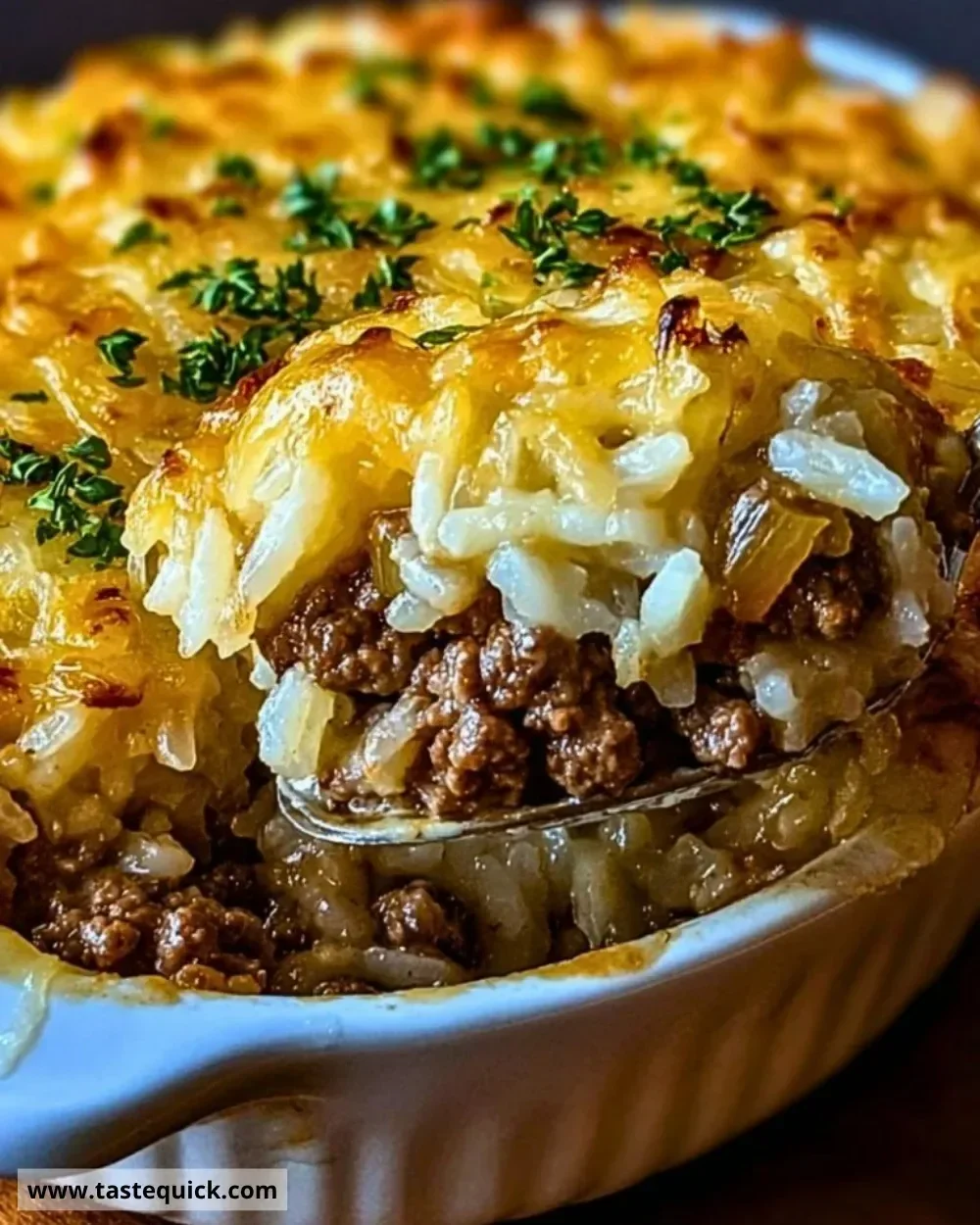 Delicious French onion ground beef and rice casserole served in a baking dish.
