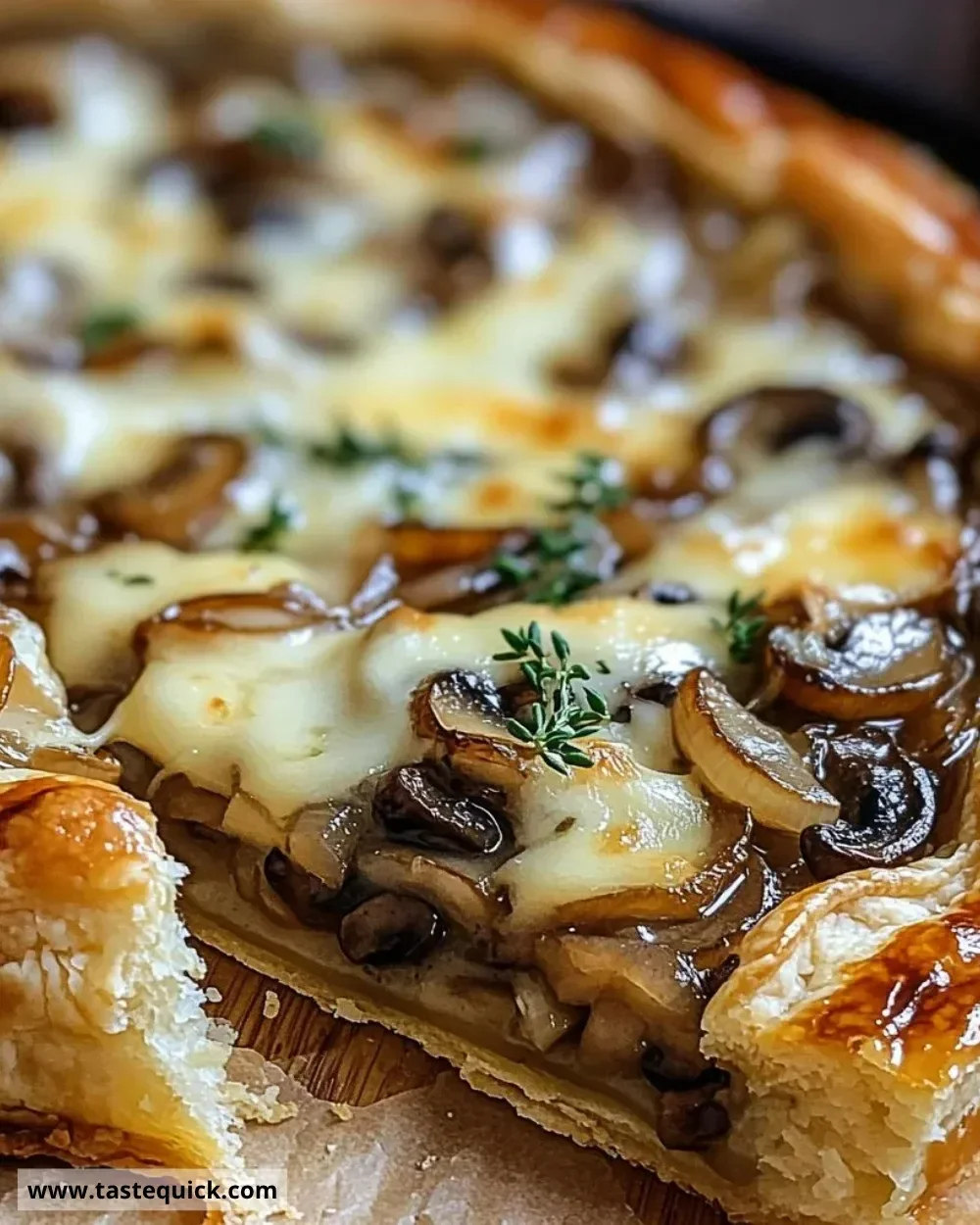 Delicious French Onion Mushroom Tart freshly baked and served on a rustic table.