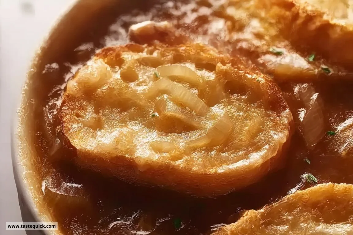 Delicious bowl of French Onion Soup topped with melted cheese and herbs