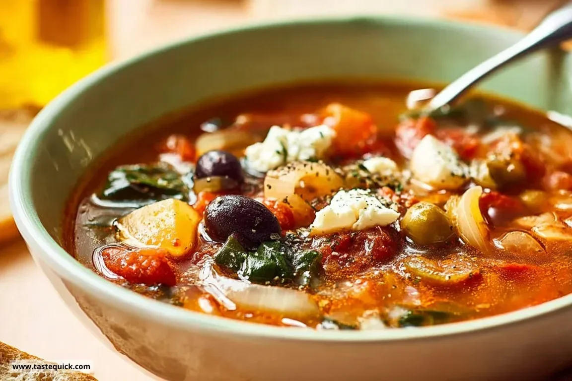 A bowl of homemade fridge-raid soup made with fresh vegetables and noodles.