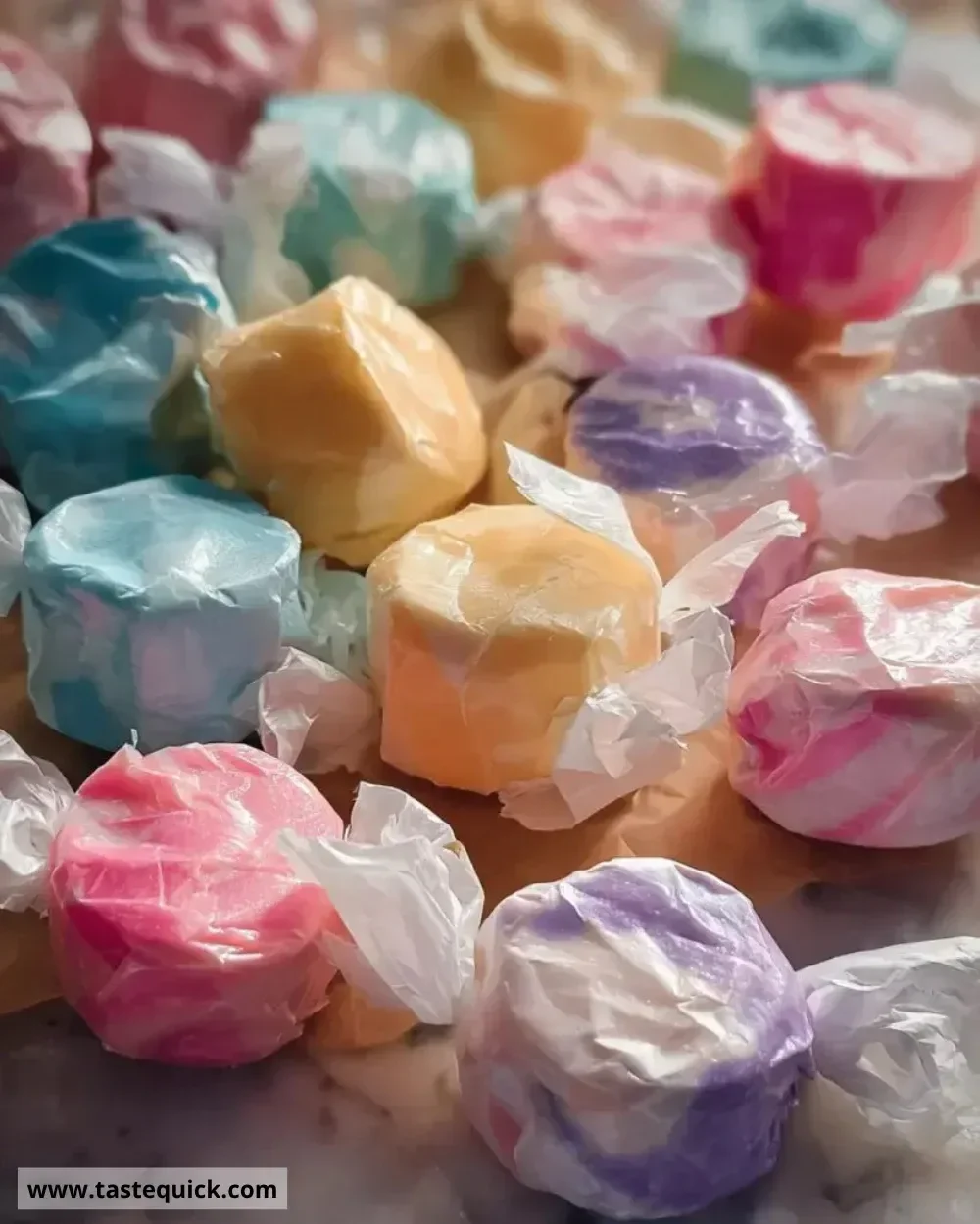Homemade saltwater taffy in colorful wrappers.