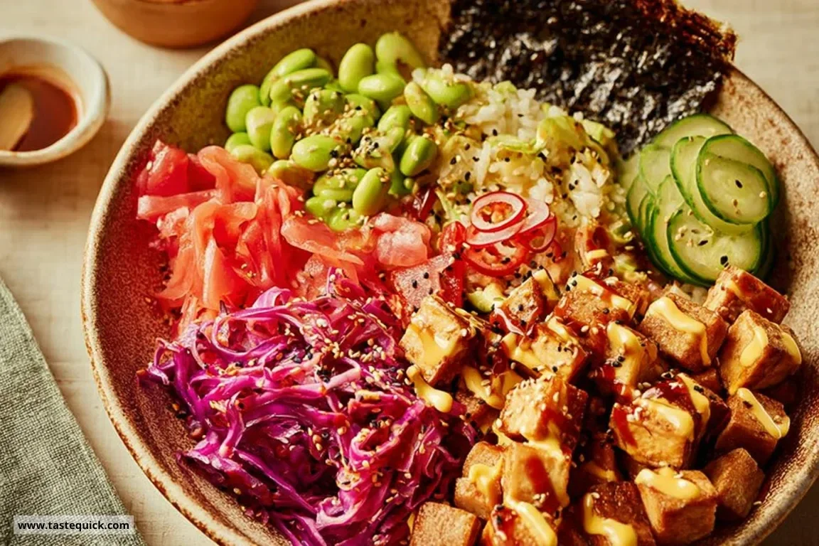 Honey and Soy Tofu Poke Bowl with fresh vegetables and rice