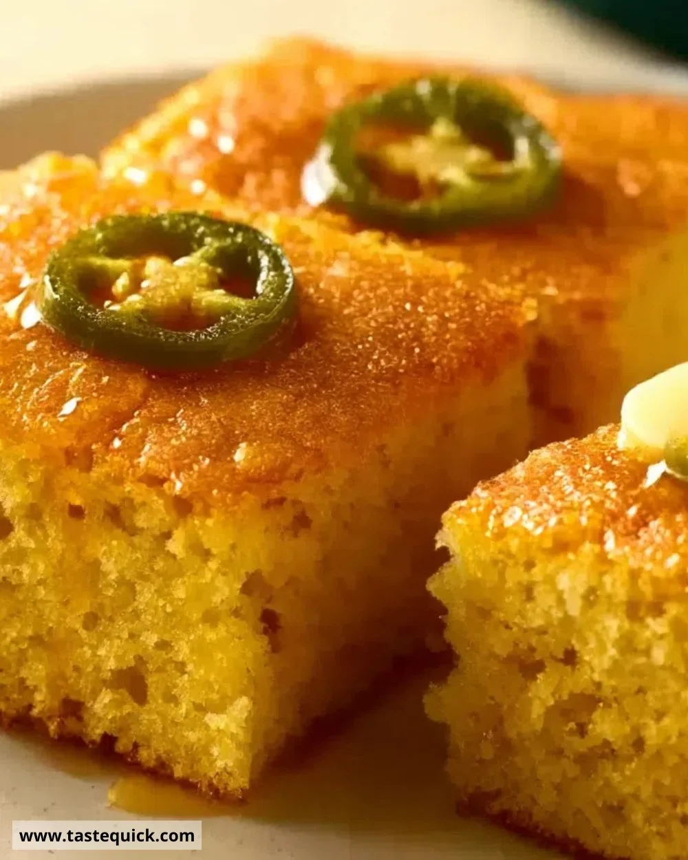 Hot Honey Jalapeño Cornbread served on a wooden table