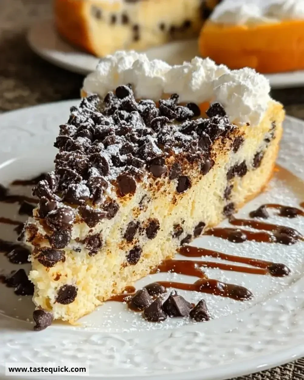 Slice of Italian chocolate chip ricotta cake with melted chocolate and creamy texture