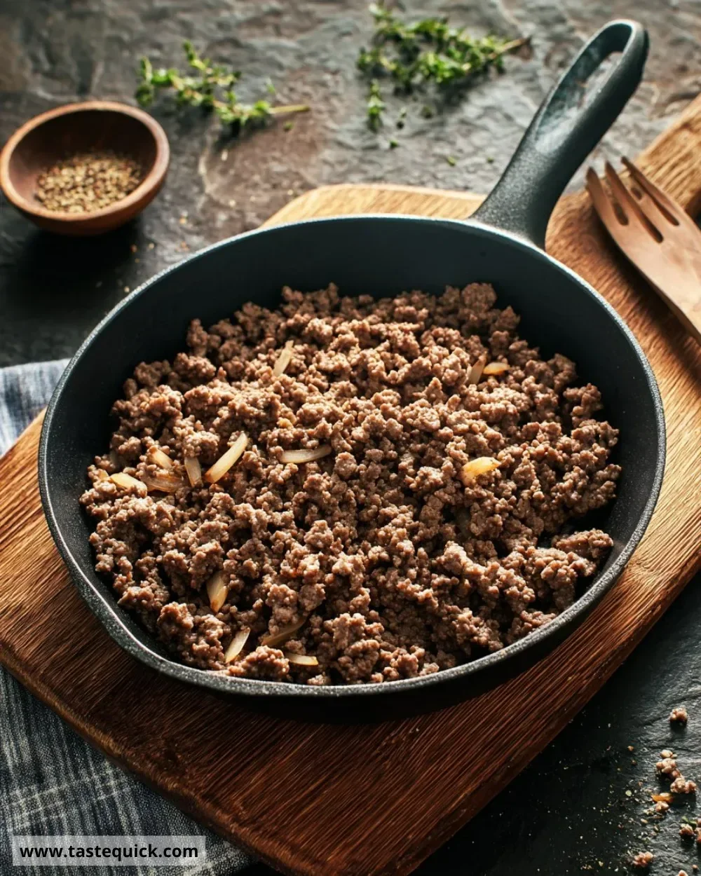 Plate of lean ground beef with fresh herbs and spices