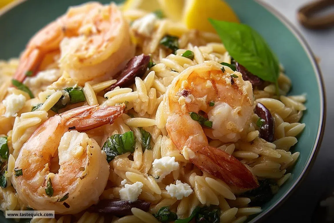 Plate of Lemon Shrimp Orzo with herbs and shrimp garnished with lemon slices