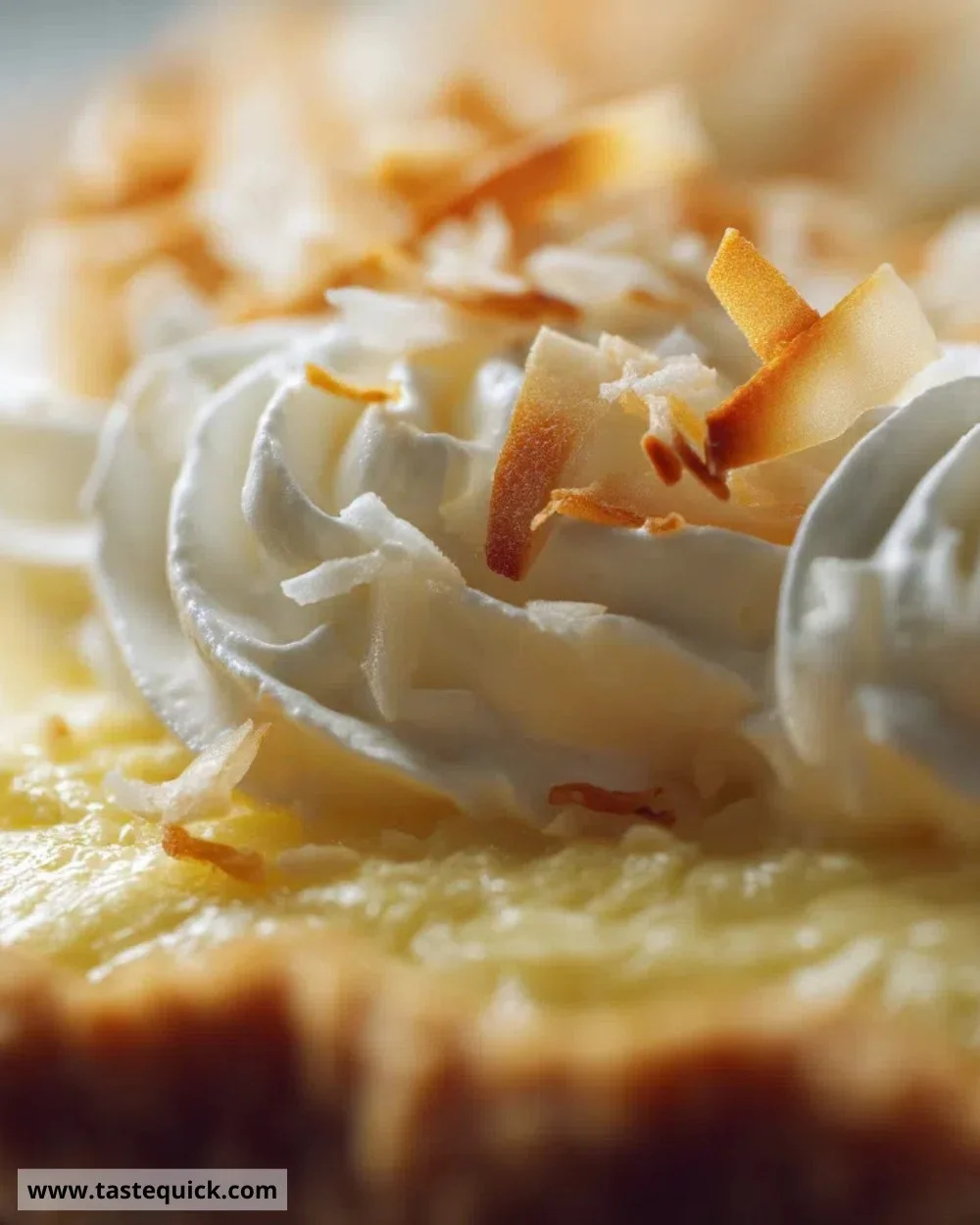Slice of Lemon Sugar Coconut Cream Pie topped with whipped cream and lemon zest