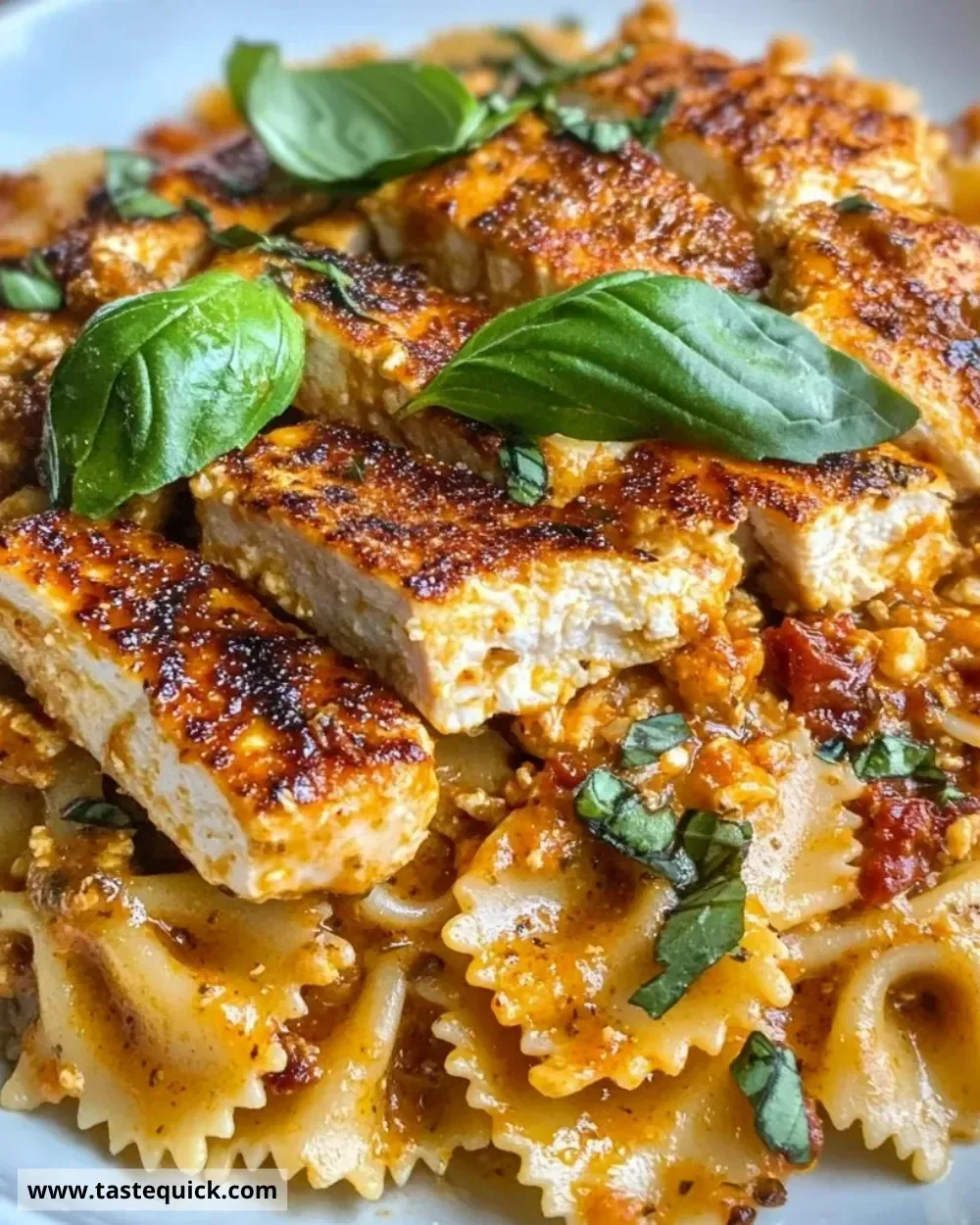 Vegan Marry Me Chicken Pasta served in a bowl with fresh herbs