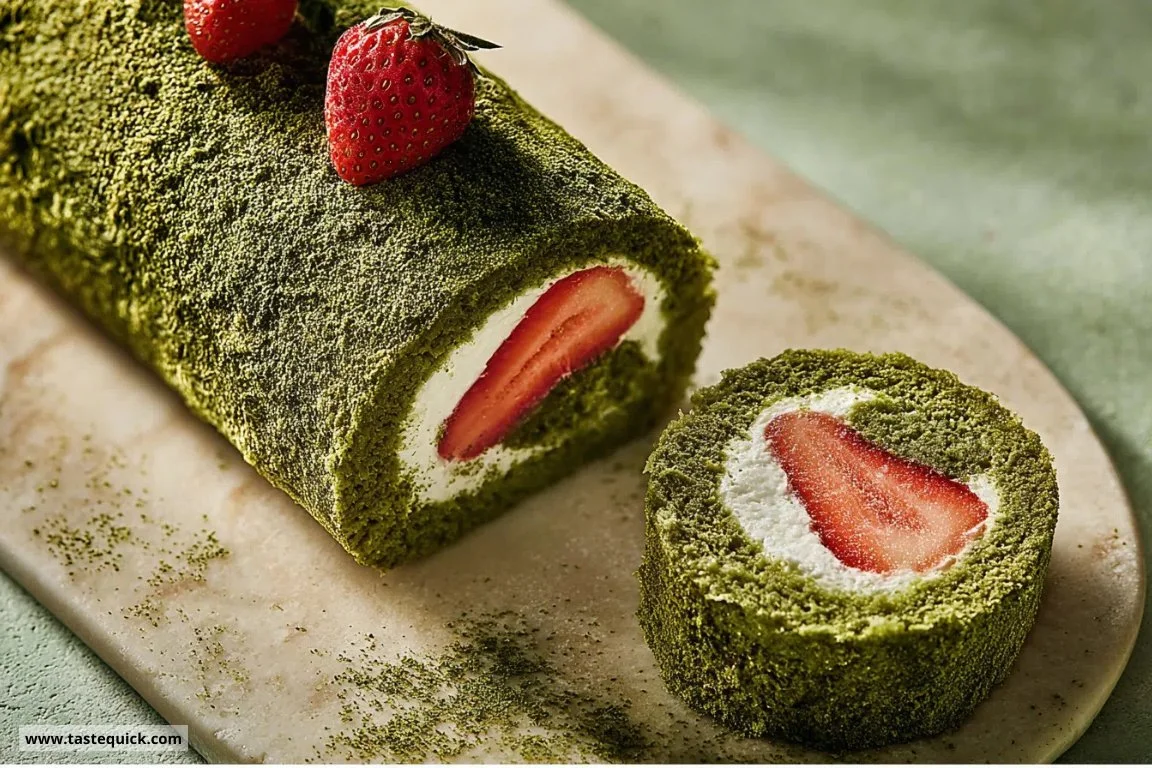 Matcha and Strawberry Roulade dessert on a plate, showcasing vibrant green and red colors.