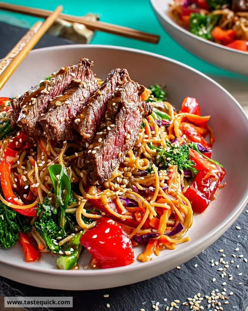 Delicious Miso Steak served with a colorful noodle salad