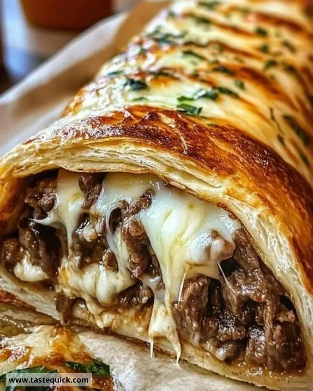 Delicious mozzarella cheese steak stromboli fresh out of the oven.