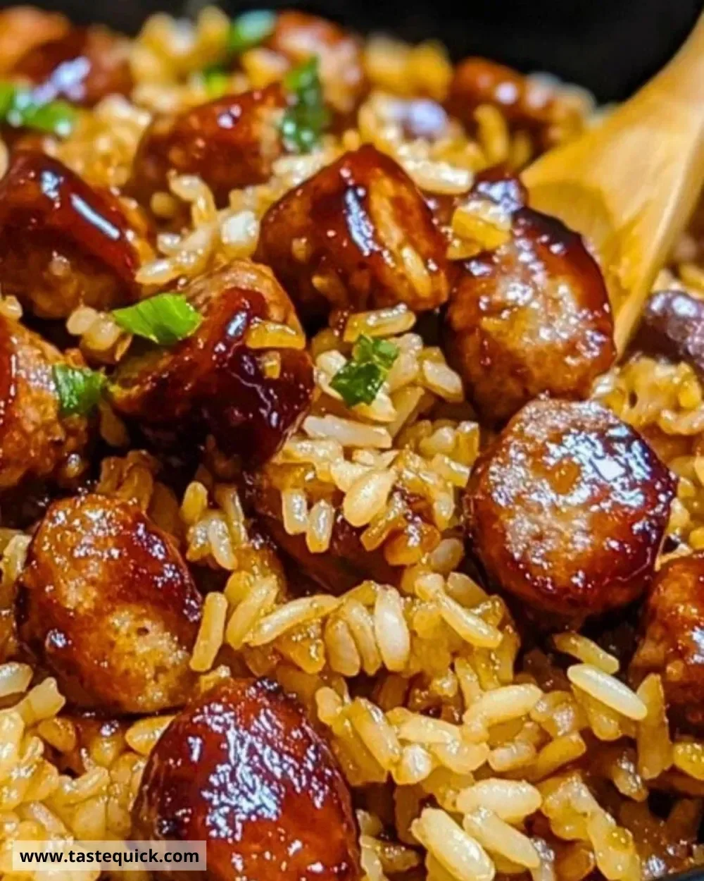 One-Pan Sweet and Tangy BBQ Sausage Rice dish served in a bowl