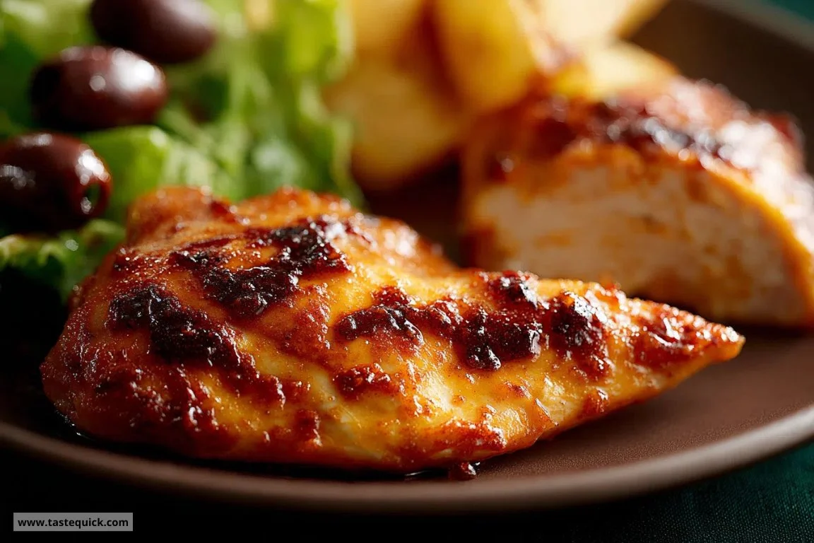 Plate of Orange-Chipotle Chicken garnished with fresh herbs and orange slices