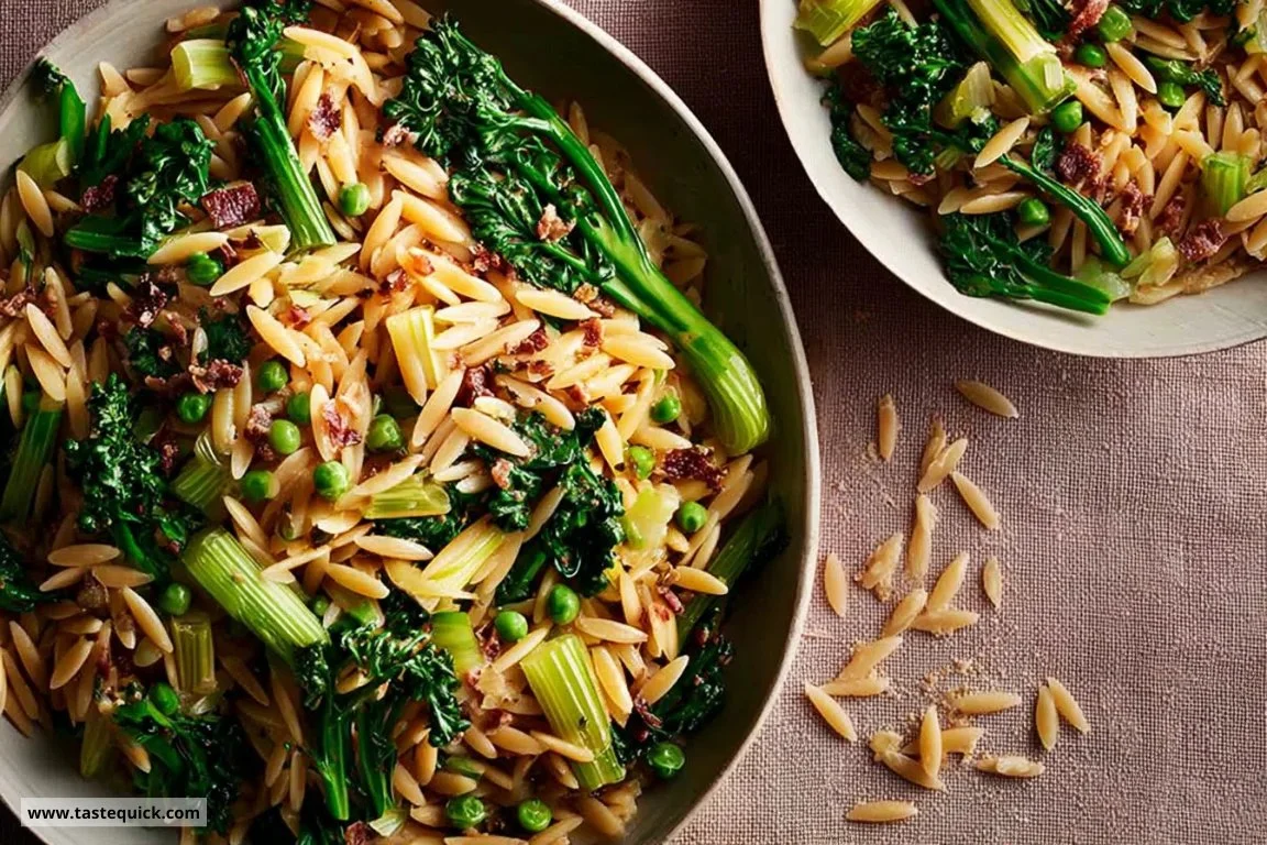 Pasta dish with purple sprouting broccoli, anchovies, garlic, and preserved lemon