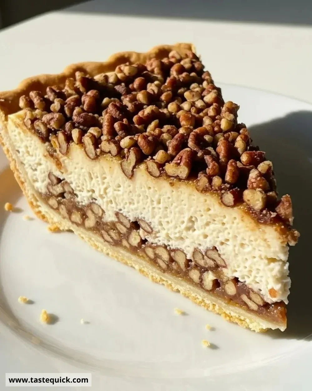 A slice of homemade Pecan Cream Pie, showcasing its creamy filling and nutty topping.