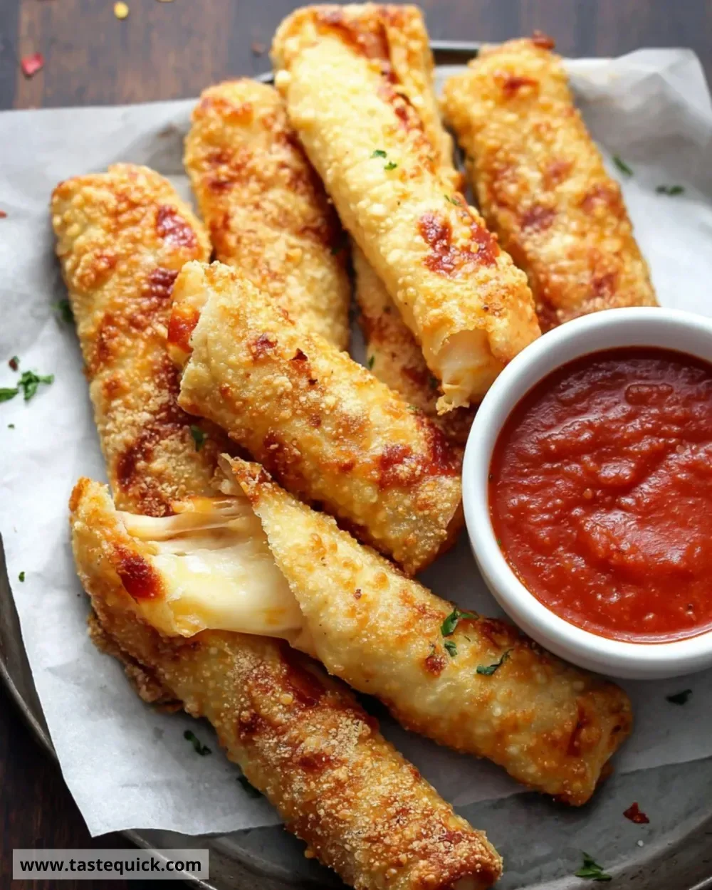 Pepperoni pizza mozzarella sticks with gooey cheese and pepperoni on a plate