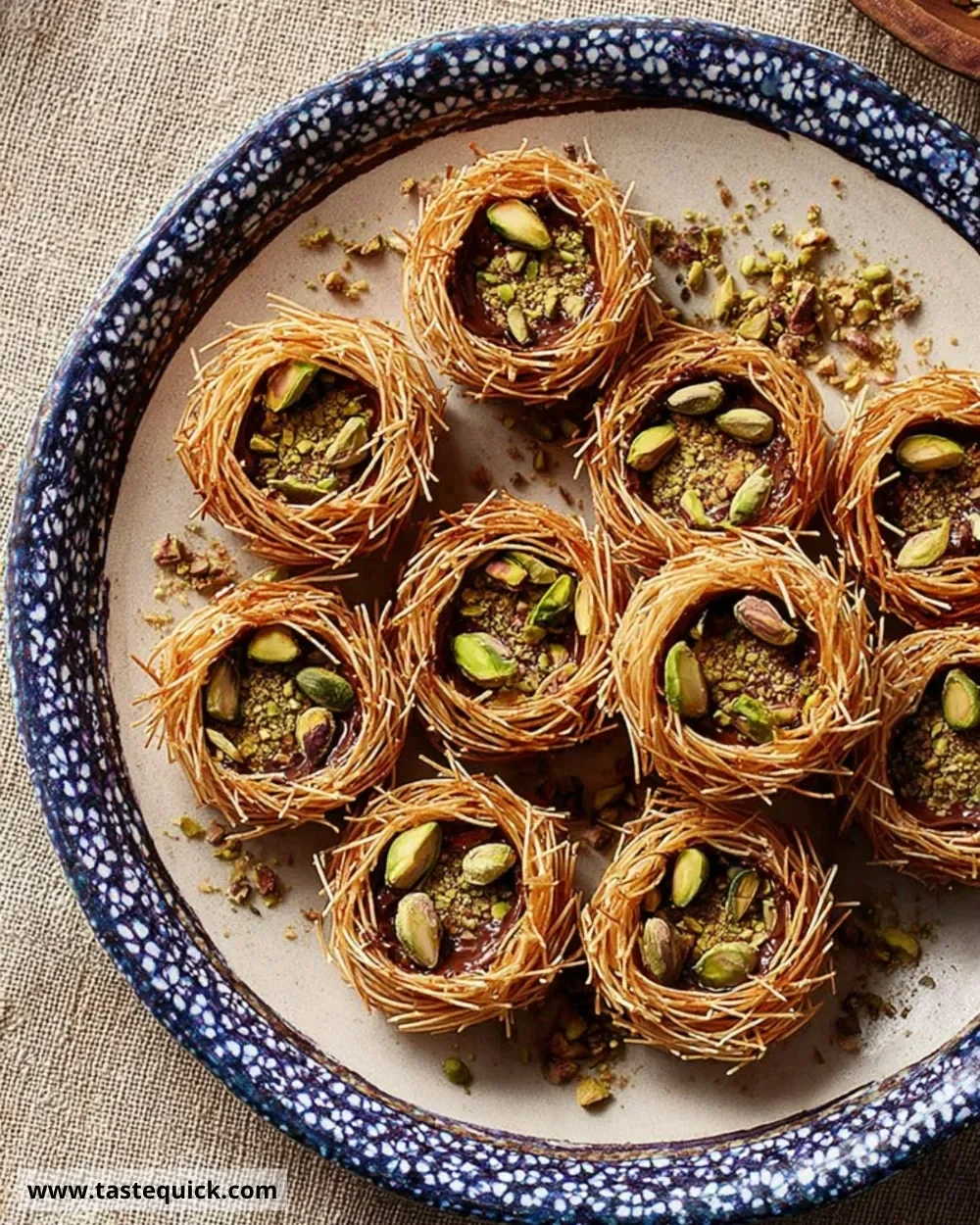 Delicious Pistachio Bird's Nests dessert with nuts and sweet toppings
