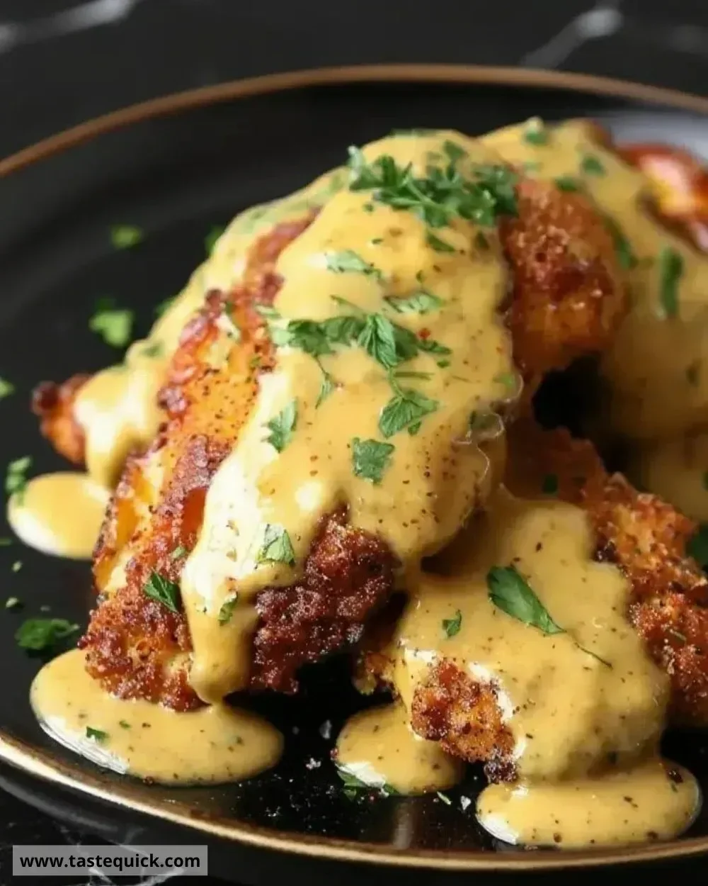 Delicious pretzel crusted chicken drizzled with cheddar mustard sauce