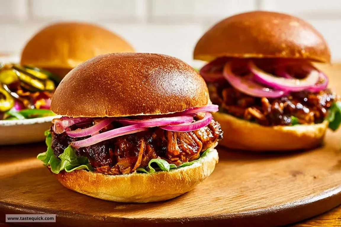 Delicious BBQ Eggplant Burgers with pulled eggplant and black beans on a plate