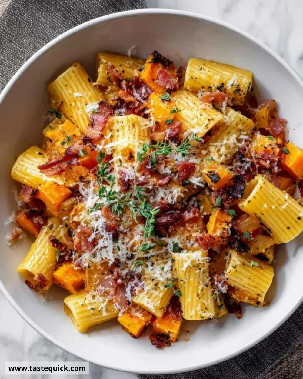 Delicious pumpkin pasta with bacon and caramelized onions served in a bowl