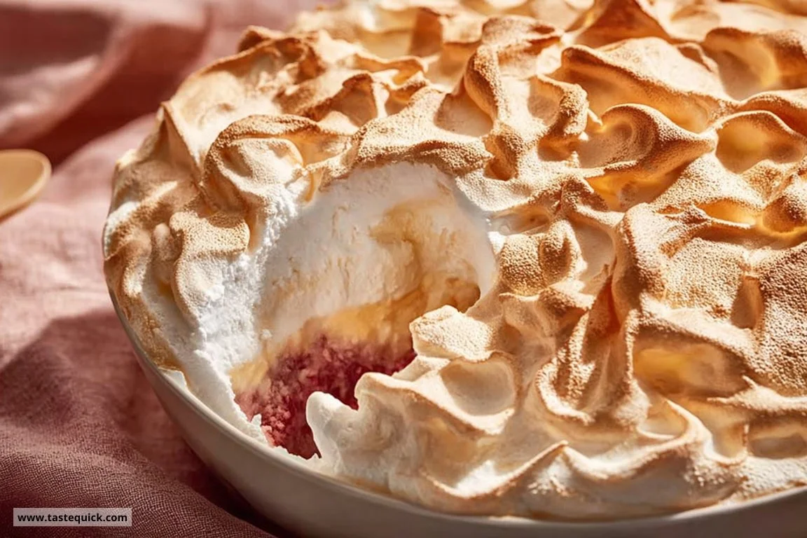 Delicious Queen of Puddings topped with meringue and berries