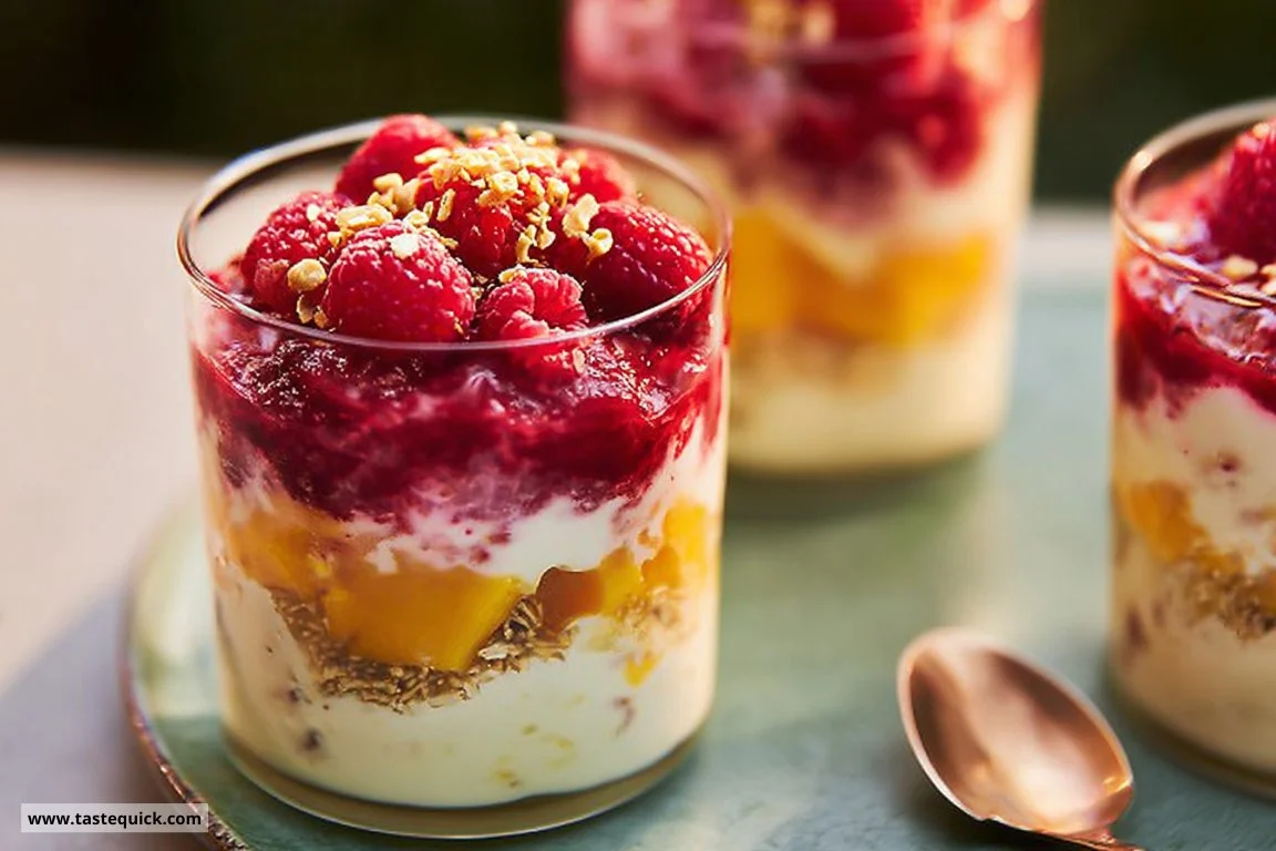 Raspberry and Mango Yogurt Parfait topped with granola and fresh fruits