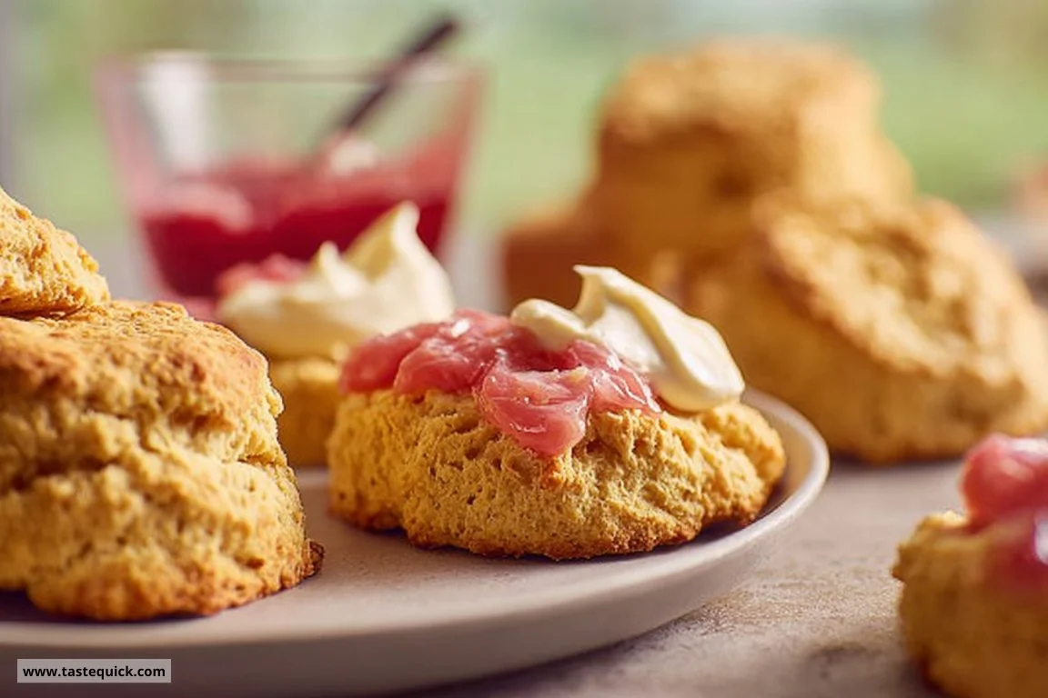 Freshly baked Rhubarb Custard Scones on a rustic wooden table