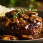 Delicious Salisbury steak topped with savory mushroom gravy on a plate.