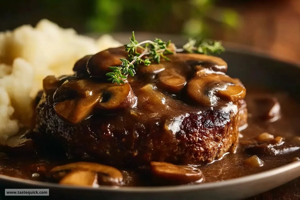 Delicious Salisbury steak topped with savory mushroom gravy on a plate.