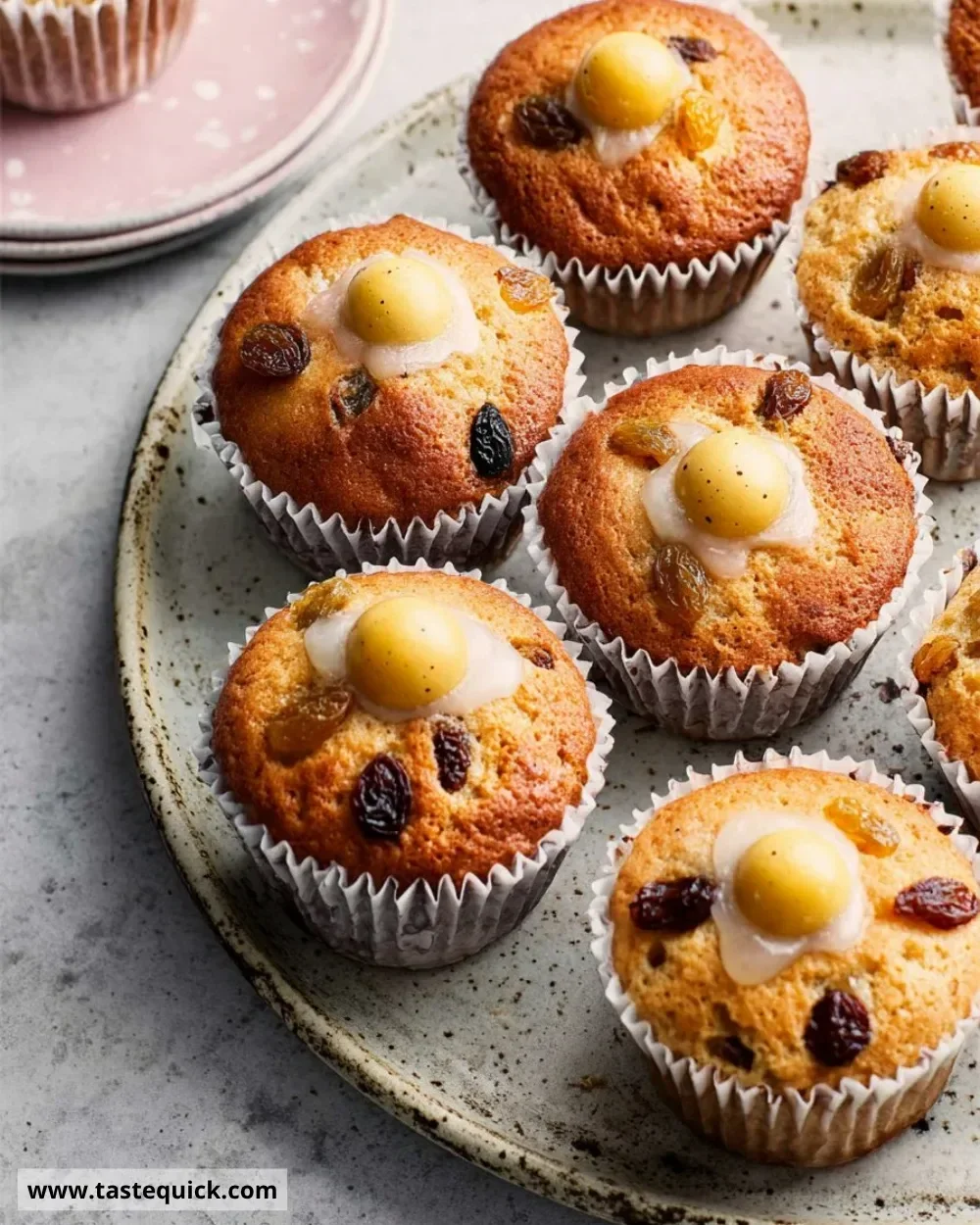 Freshly baked Simnel Muffins with marzipan and dried fruits
