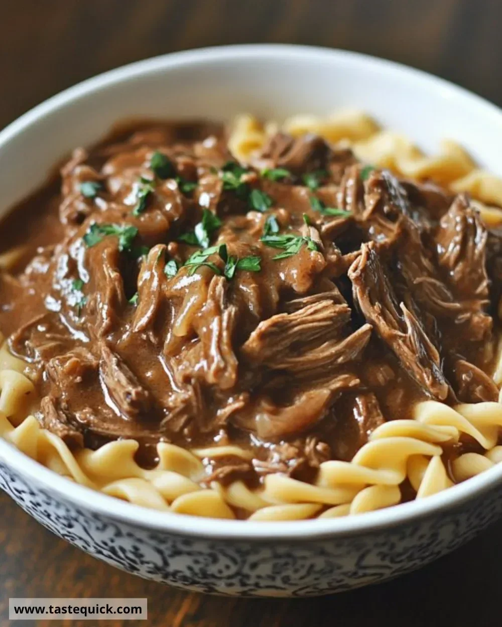 Delicious slow cooker beef and noodles served in a hearty bowl