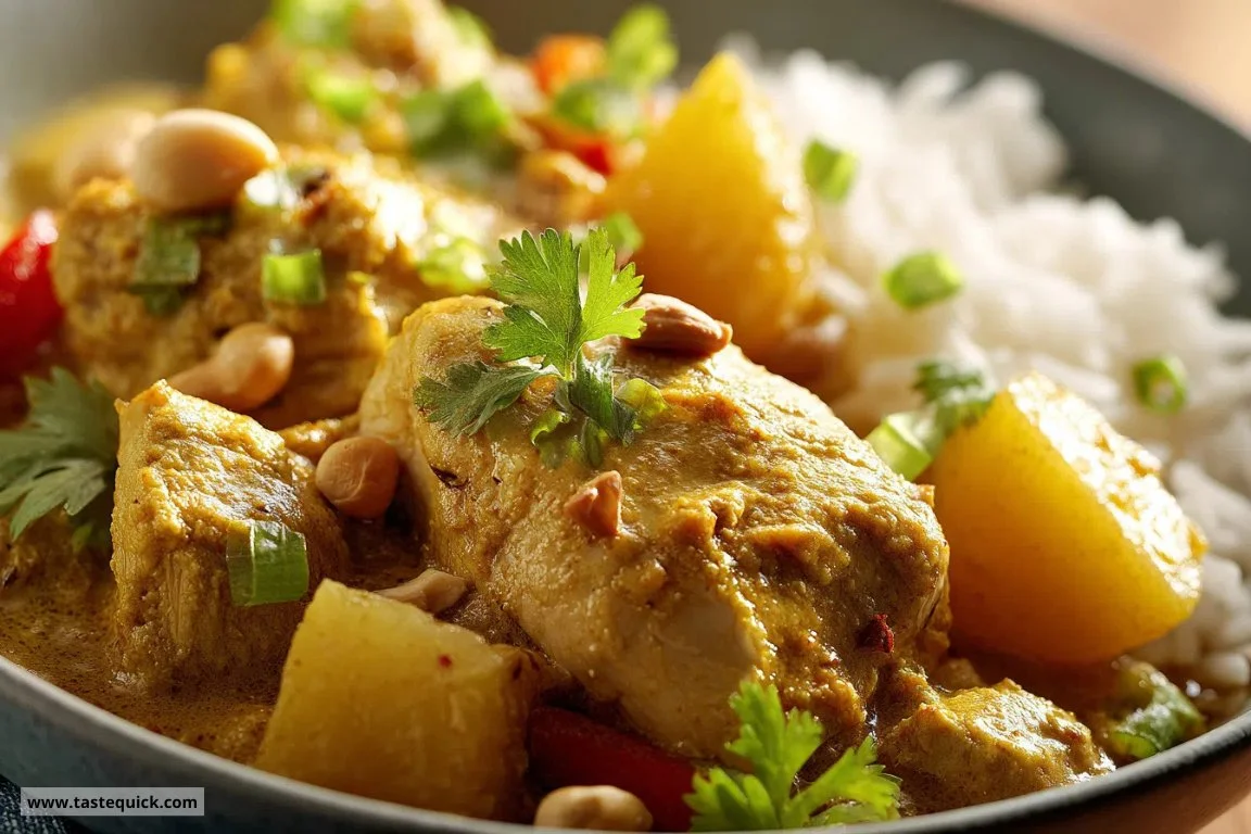 Bowl of Slow-Cooker Coconut Curry Chicken with rice and fresh herbs