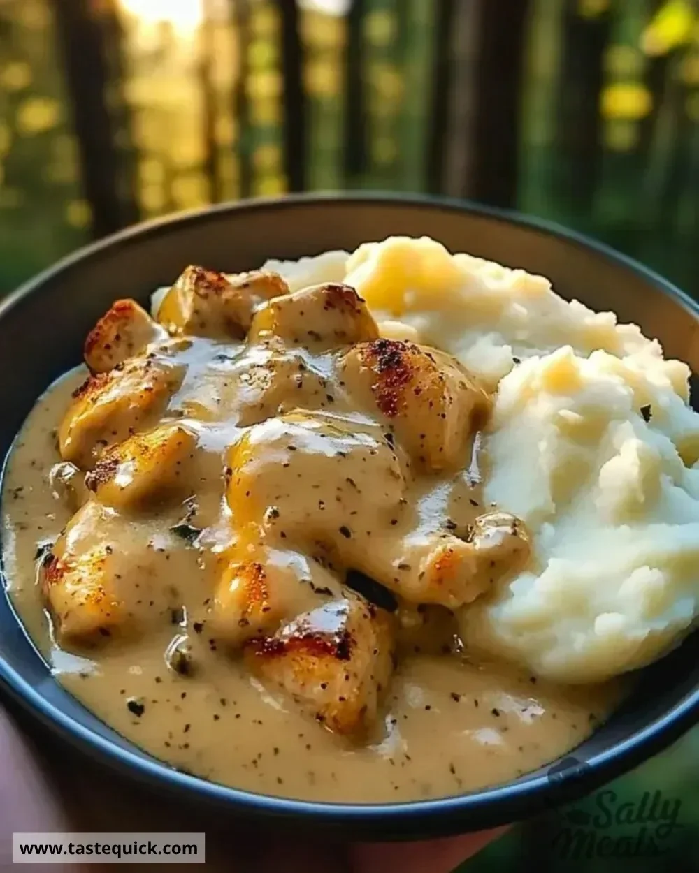 Slow Cooker Creamy Chicken served with rich gravy in a bowl