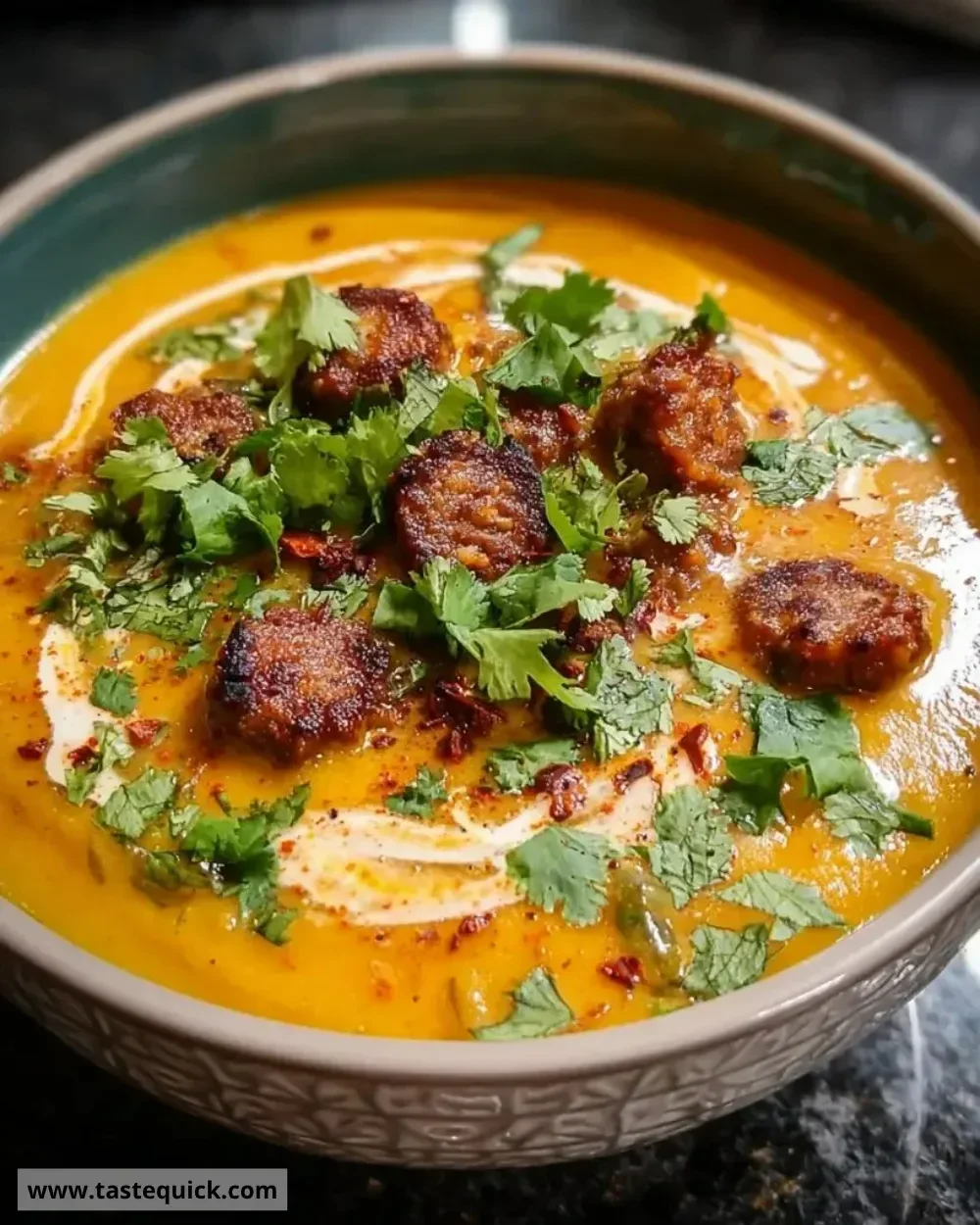 Bowl of spicy chorizo pumpkin soup garnished with herbs
