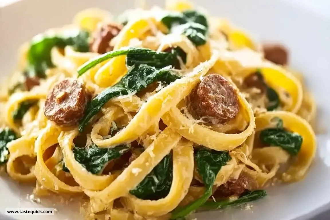 Creamy Spinach Sausage Alfredo Pasta served in a bowl