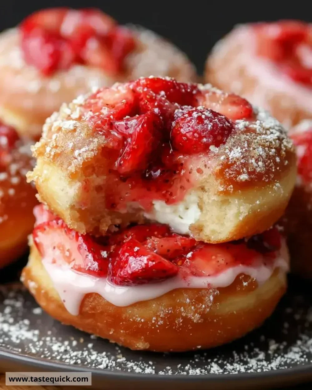 Delicious strawberry cheesecake stuffed donuts on a plate