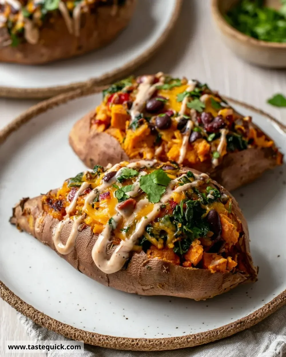 Delicious stuffed sweet potatoes filled with nutritious ingredients.