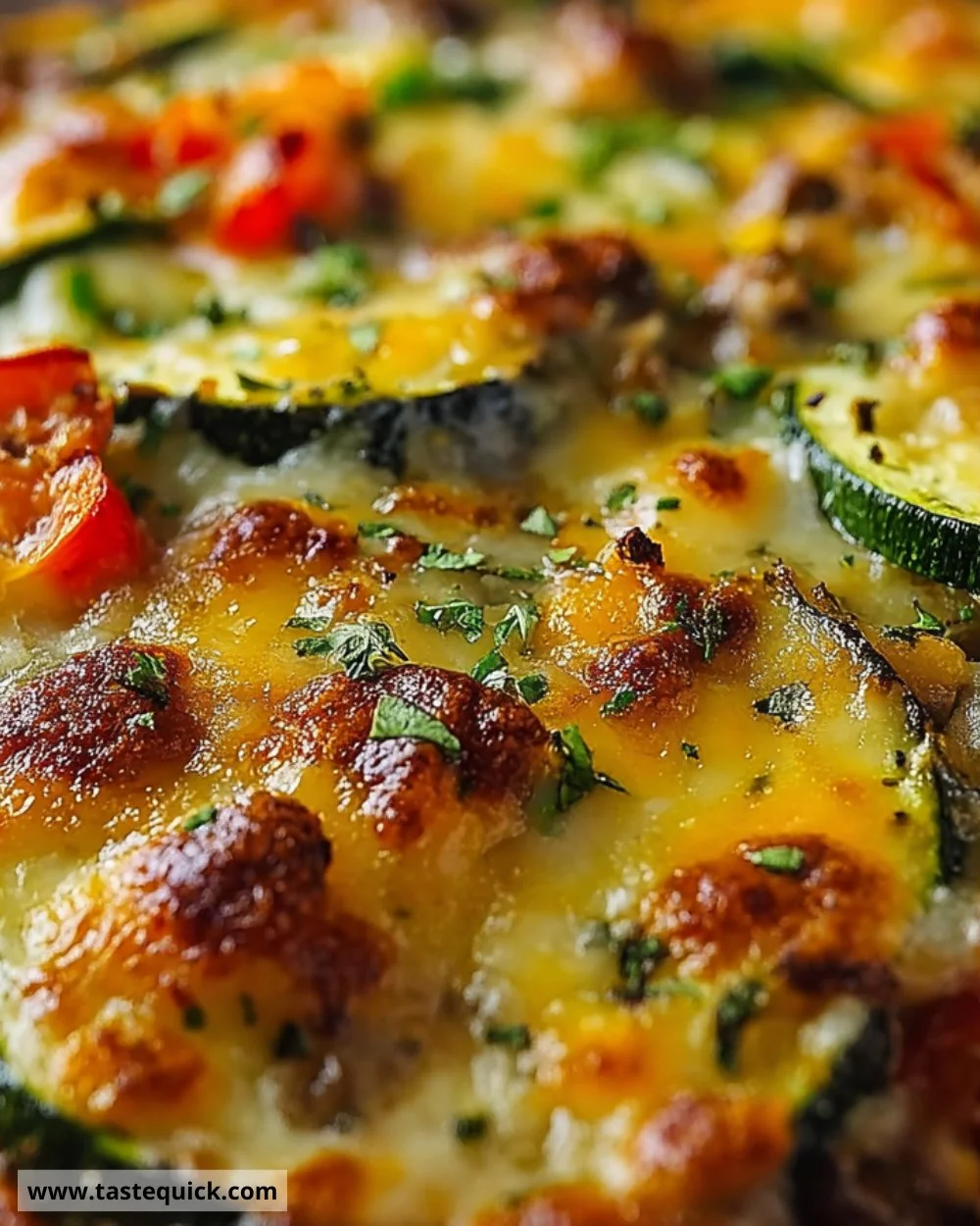 Tex-Mex Zucchini Bake with cheese, spices, and vegetables in a baking dish.